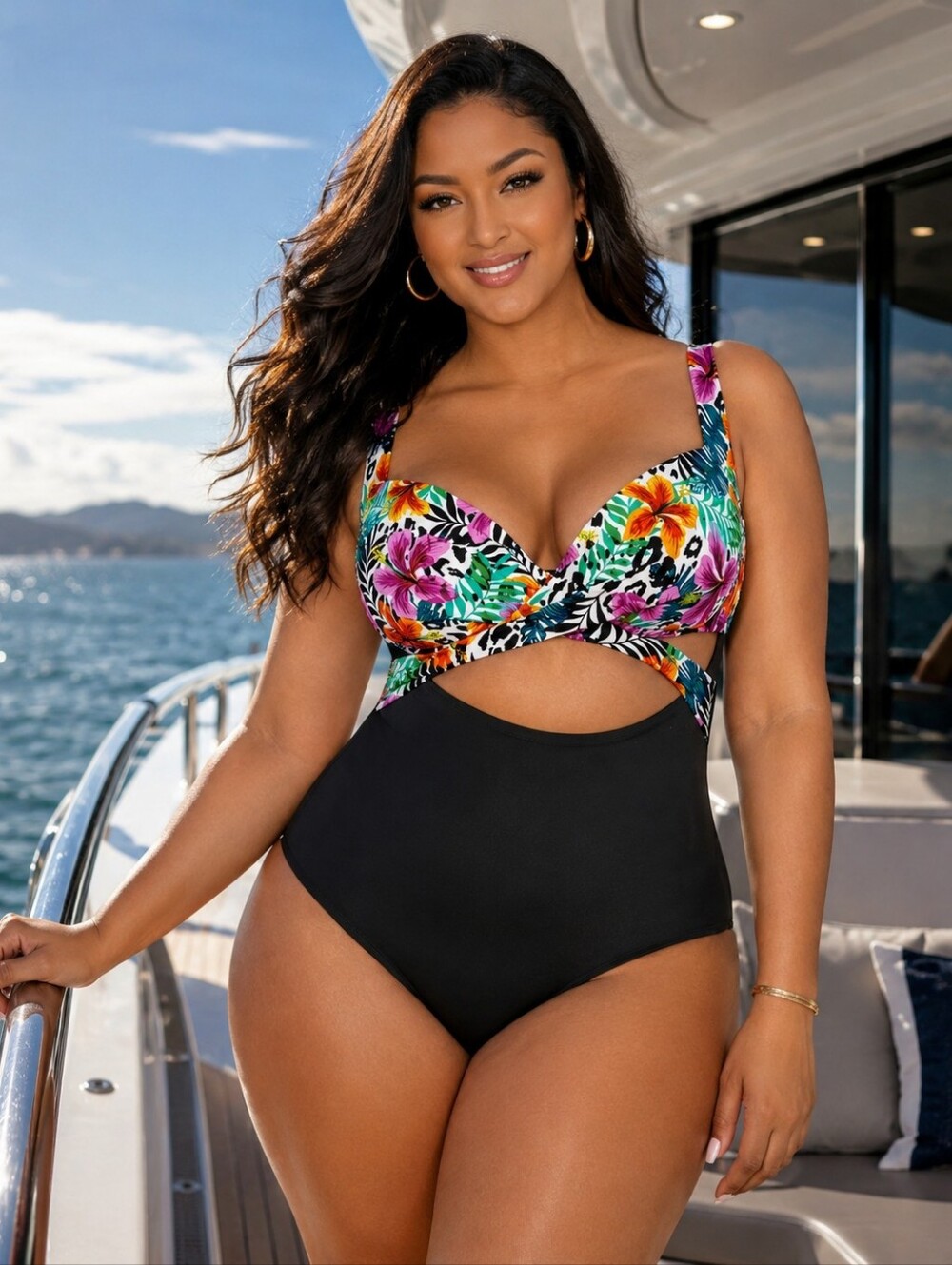 Tropical Floral and Black One-Piece Swimsuit